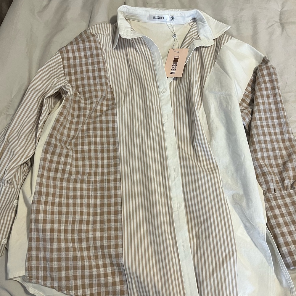 Two-Tone Beige and White womens button up